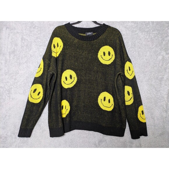 Black Yellow Smiley Face Emoji Knit Sweater Size Large Just Polly - Picture 1 of 6